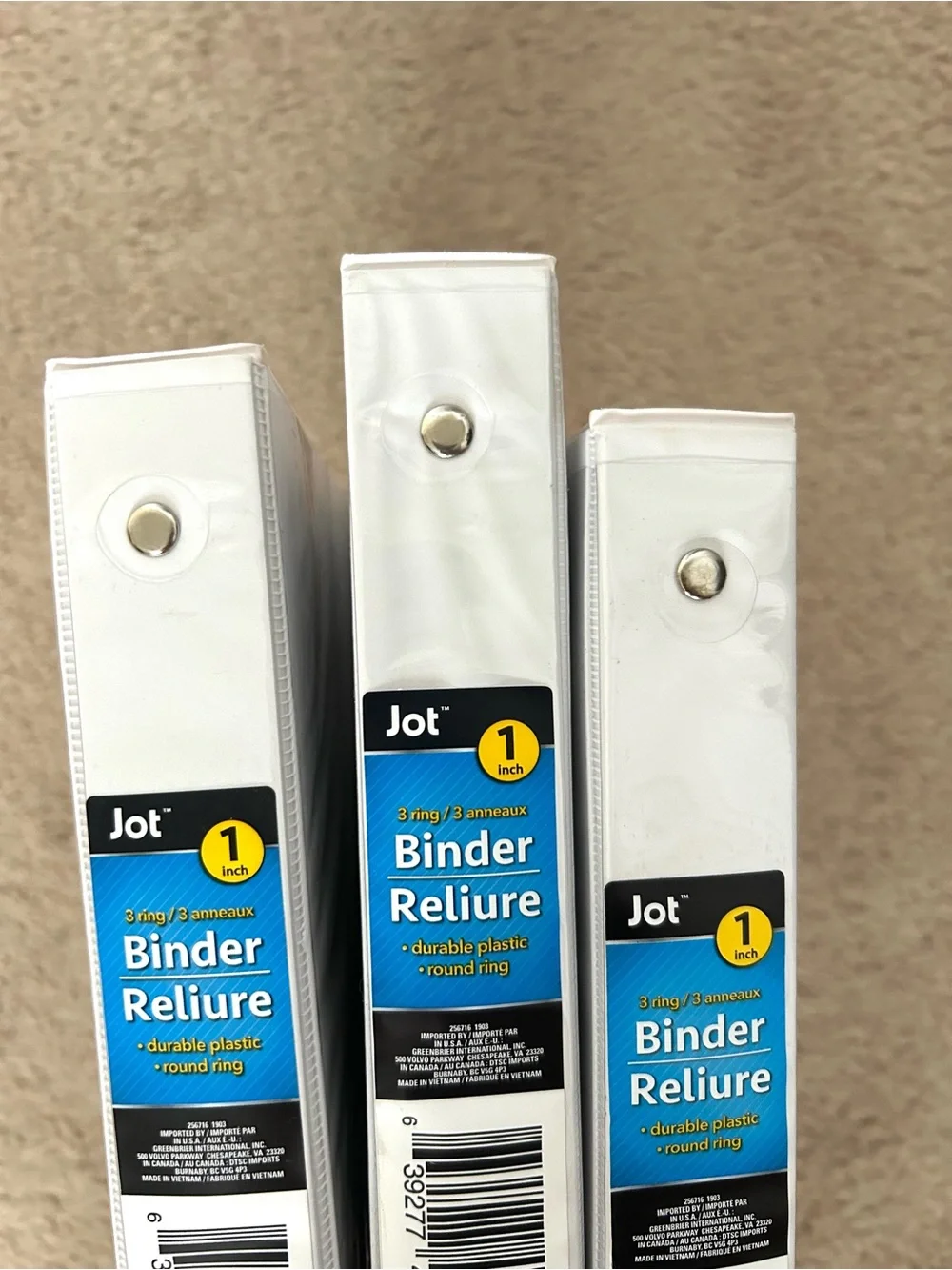 NEW White 3-Ring 1” Binders - Pack of 3